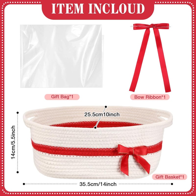 Colingmill Valentine Woven Gift Basket Empty with Ribbons Bow Tie and Bag, Valentine's Day Empty Decorative Chest Box, Woven Rope Storage with Handles Home Decor(14 x 10 x 5.5 Inch,White Red) - Image 2